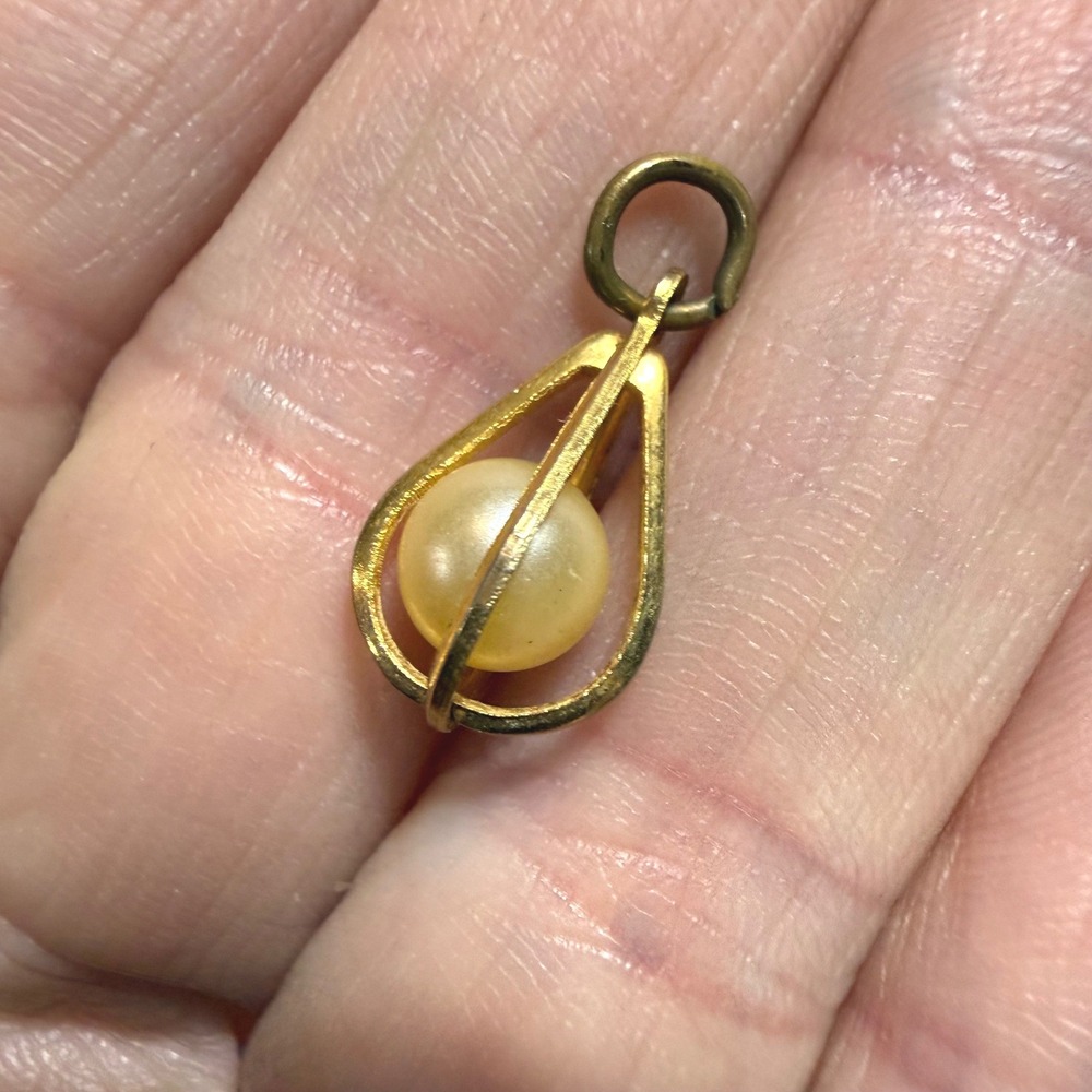 Vintage Gold Tone Faux Pearl Teardrop Cage Pendant Charm Minimalist Dainty